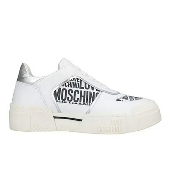 Love Moschino Shoes - LOVE MOSCHINO Women's White Leather Low Top Trainers Sneakers Logo Fabric Sz 40